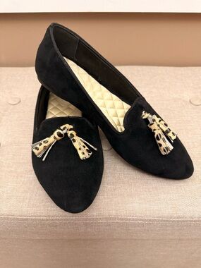 Birdies Black Suede Loafers with Leopard Tassels